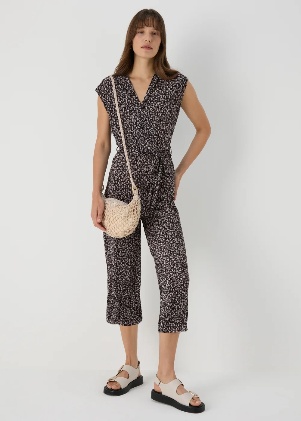 Black Daisy Print Plisse Jumpsuit - 8 Image 1