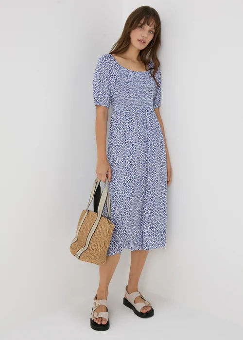 Navy Floral Square Neck Shirred Midi Dress - 8 Image 1