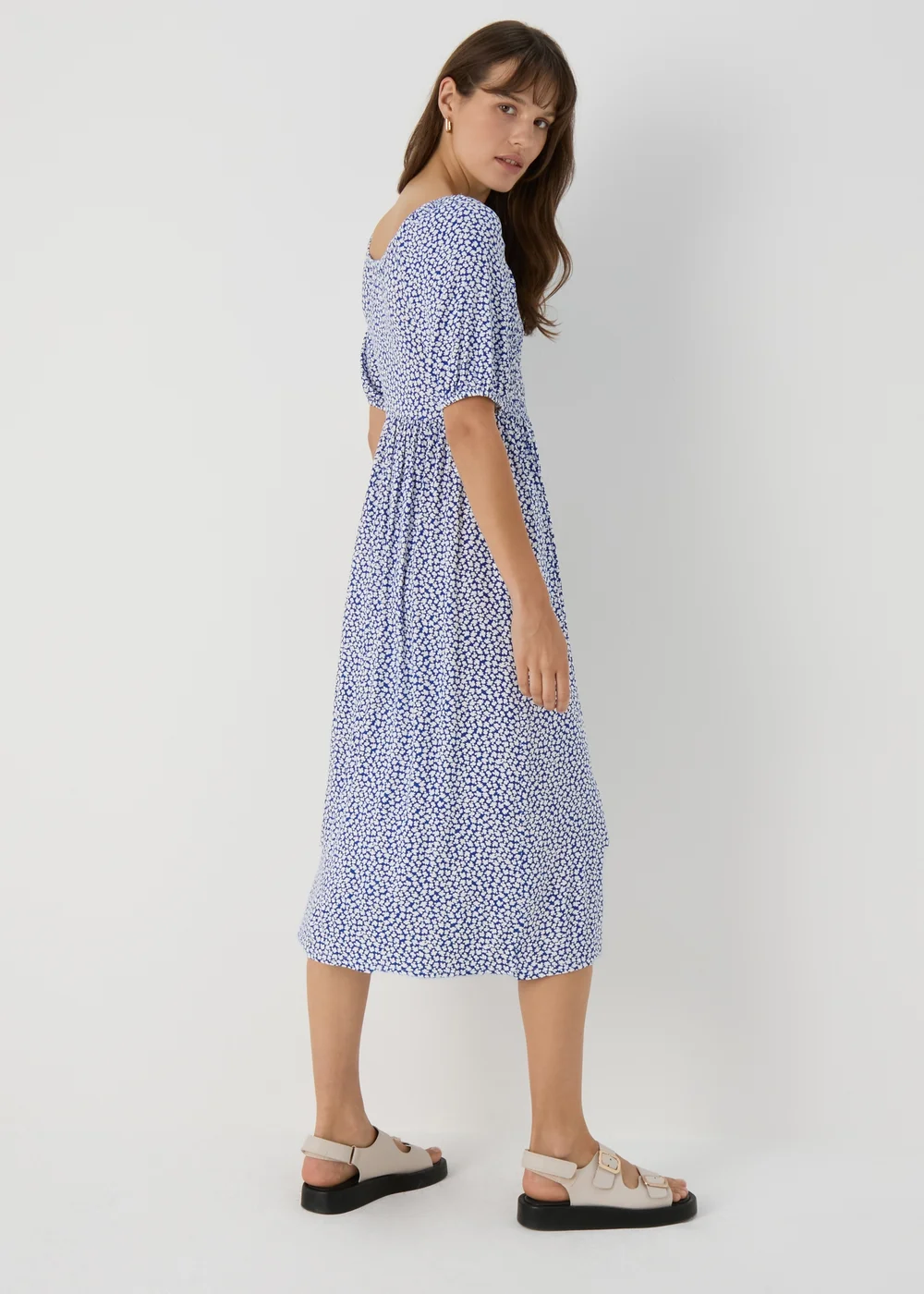 Navy Floral Square Neck Shirred Midi Dress - 8 Image 2