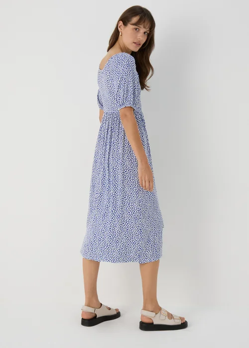 Navy Floral Square Neck Shirred Midi Dress - 8 Image 2