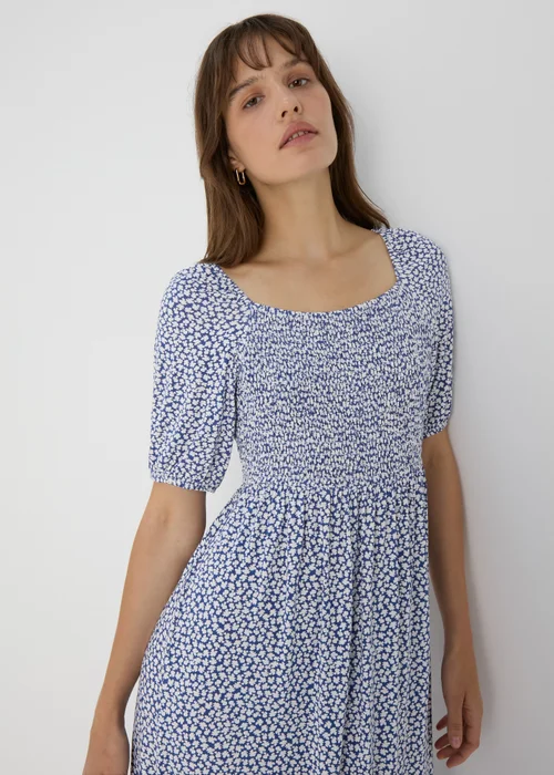 Navy Floral Square Neck Shirred Midi Dress - 8 Image 3