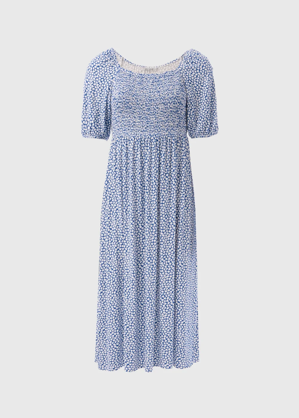Navy Floral Square Neck Shirred Midi Dress - 8 Image 5