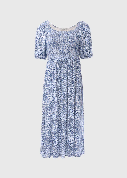 Navy Floral Square Neck Shirred Midi Dress - 8 Image 5