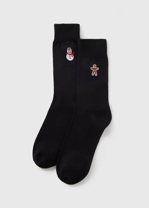 2 Pack Black Christmas Embroidery Socks - 6-8.5 Image 1