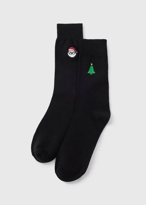 2 Pack Black Christmas Embroidered Socks - Sizes 6 - 8.5 Image 1