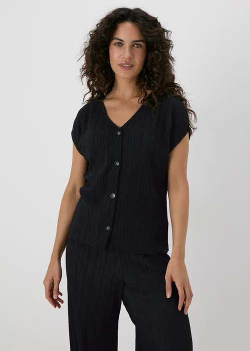 Black Plisse Button V-Neck T-Shirt - 8 Image 1