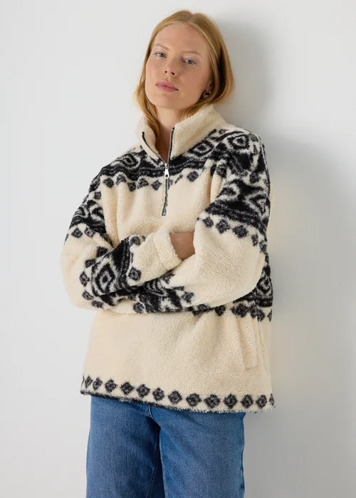 Papaya Petite Black Aztec Borg Half Zip Jumper - S Image 1