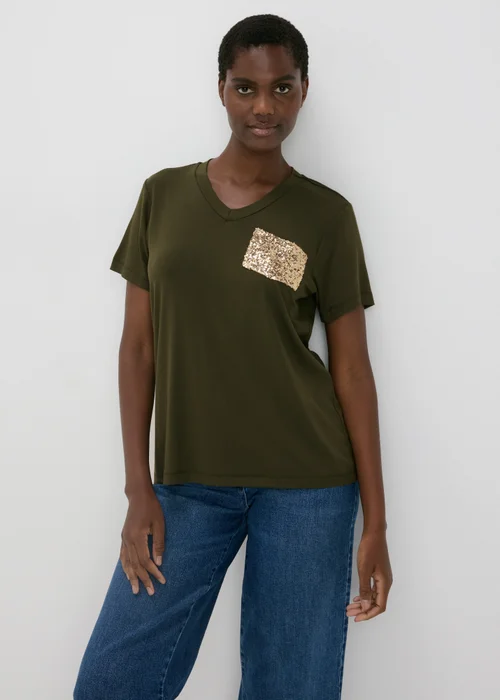 Khaki Sequin Pocket T Shirt - Size 8 Image 3
