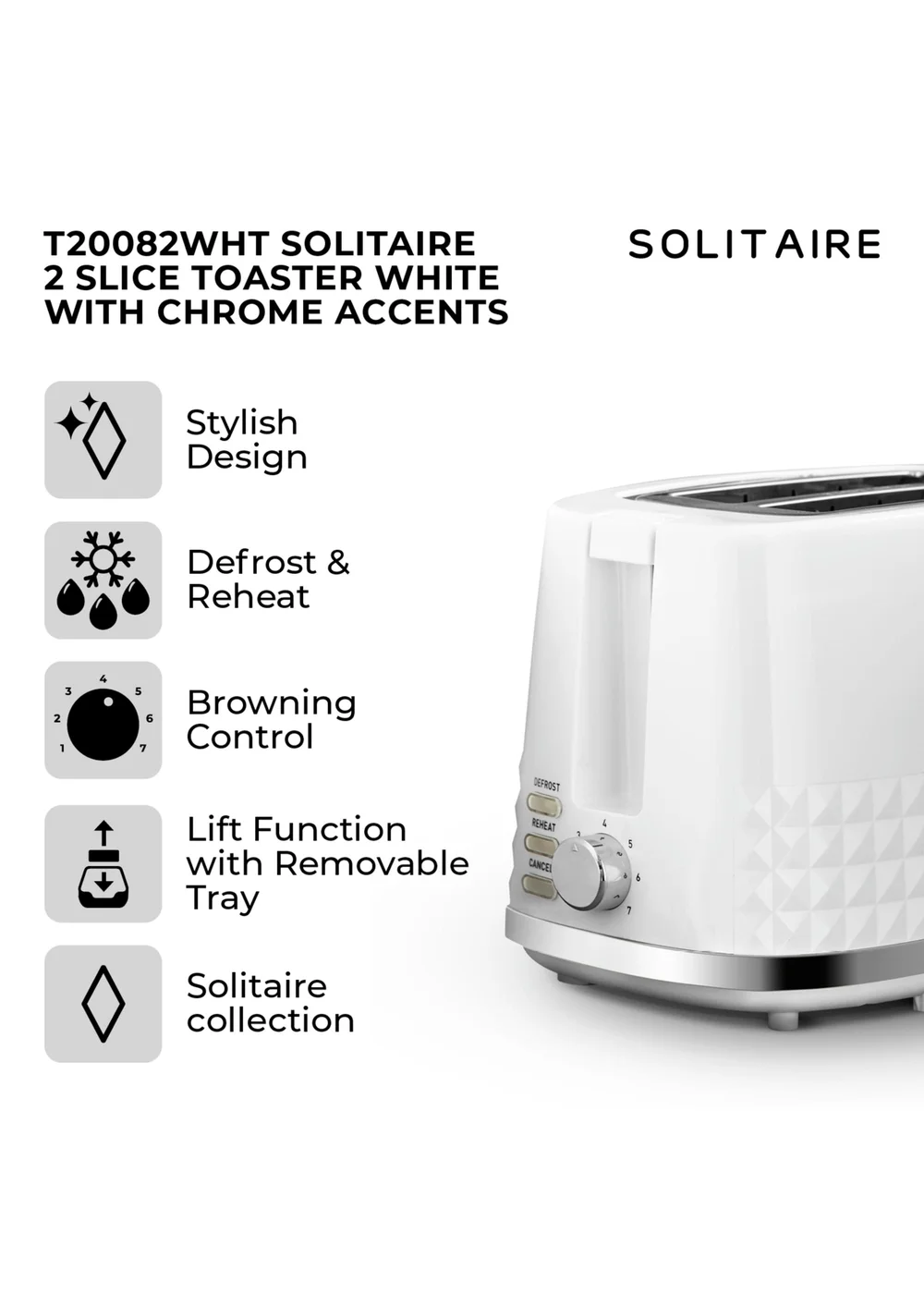 Tower Solitaire White 2 Slice Toaster - One Size Image 2