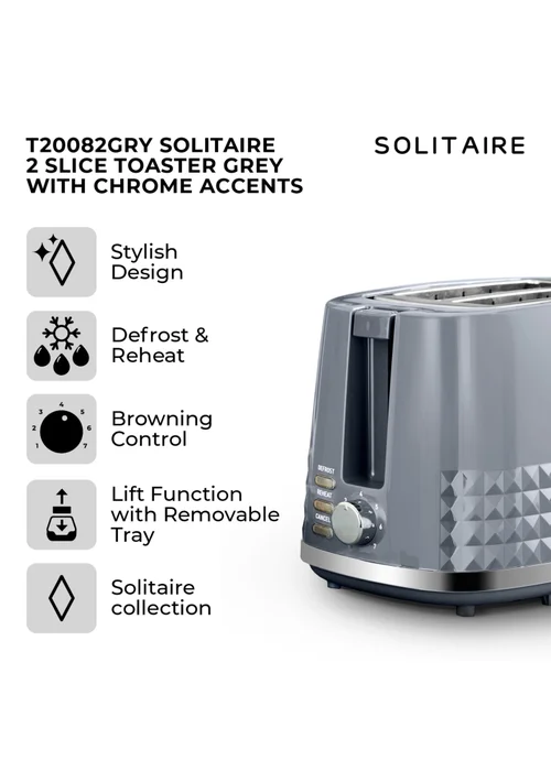 Tower Solitaire Grey 2 Slice Toaster - One Size Image 2