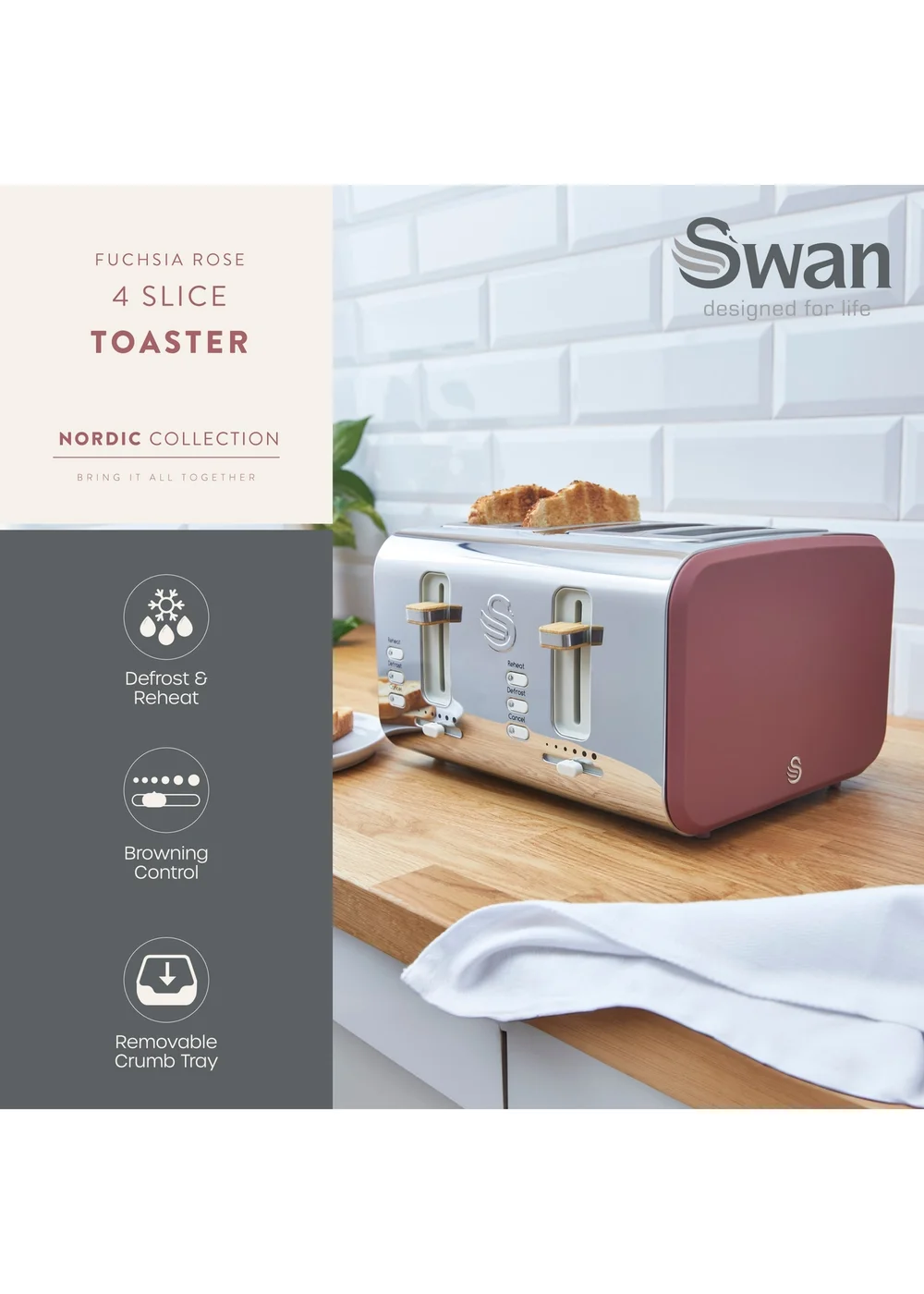 Swan 4 Slice Nordic Style Toaster - One Size Image 3