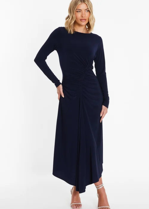 Quiz Navy Ruched Long Sleeve Midi Dress - 8 Image 1