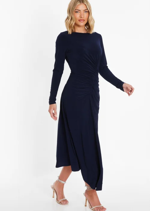 Quiz Navy Ruched Long Sleeve Midi Dress - 8 Image 3