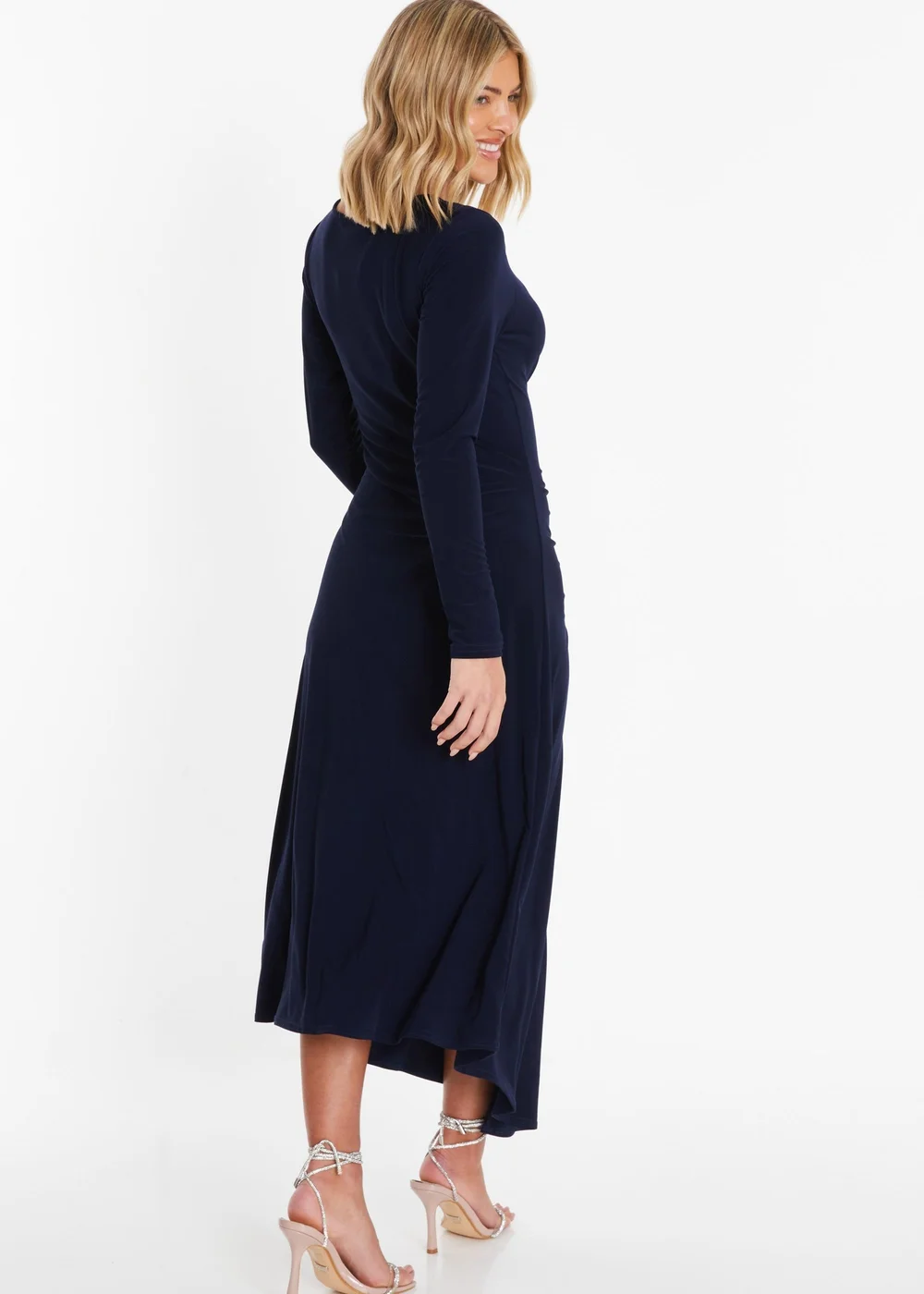 Quiz Navy Ruched Long Sleeve Midi Dress - 8 Image 2