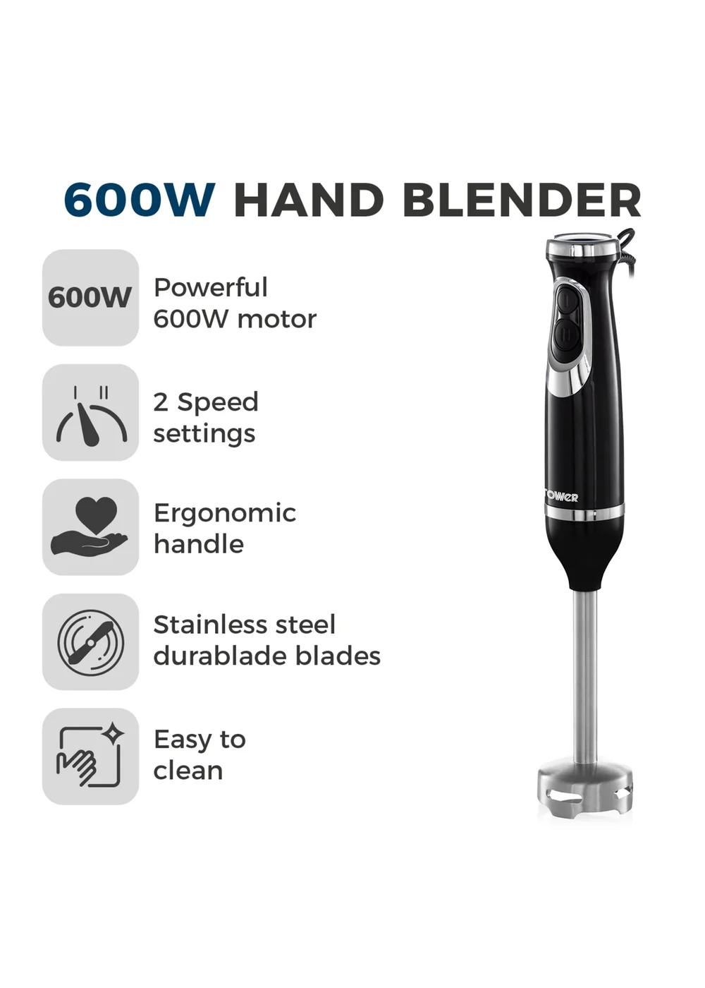 Tower Black 600W Hand Blender - One Size Image 2
