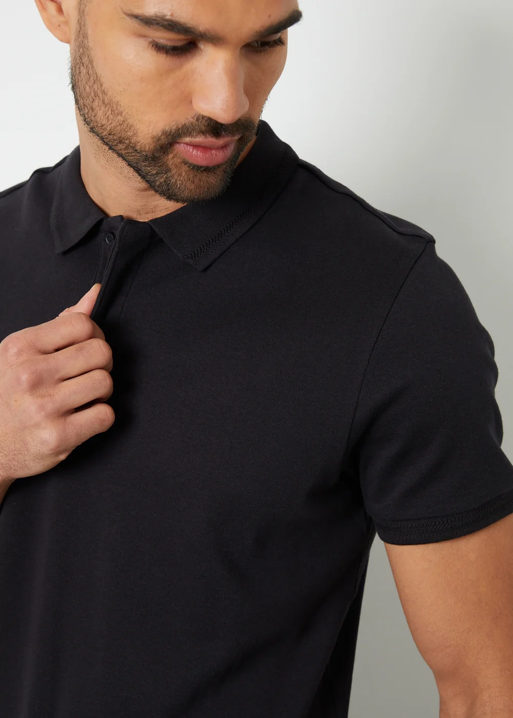 Threadbare Black Cotton Polo Shirt With Herringbone Detail Collar - S Image 3