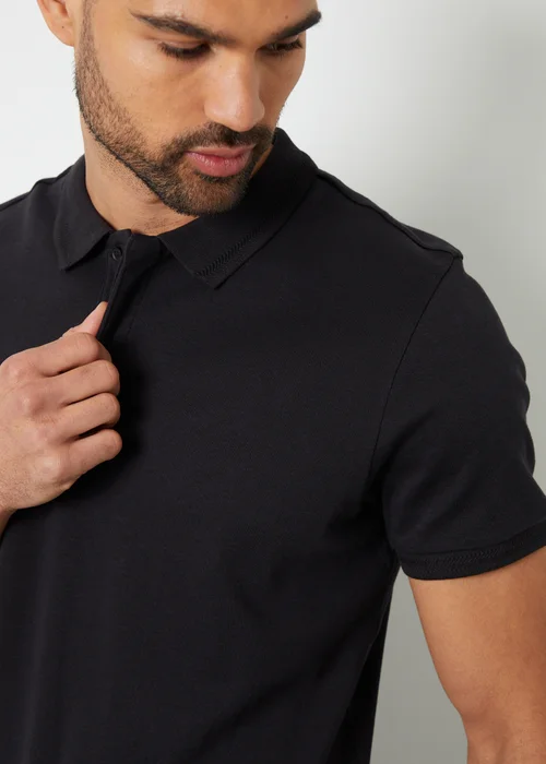 Threadbare Black Cotton Polo Shirt With Herringbone Detail Collar - S Image 3