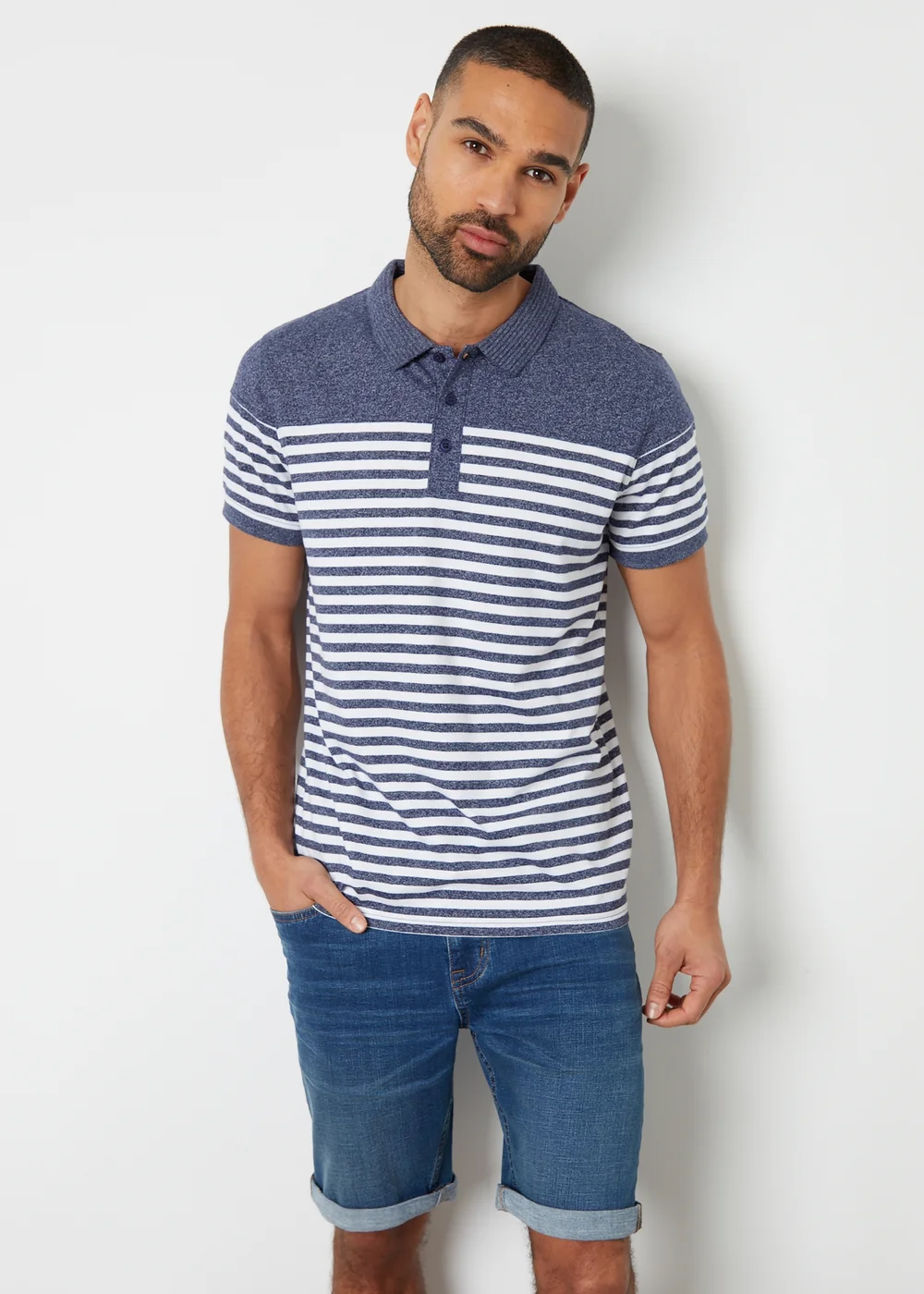 Threadbare Navy Cotton Jersey Striped Polo Shirt - S Image 1