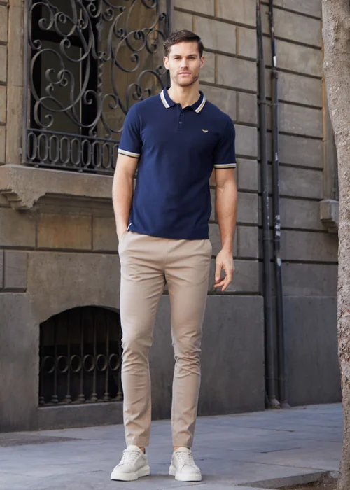 Threadbare Navy Herringbone Tipping Cotton Pique Polo Shirt - S Image 4