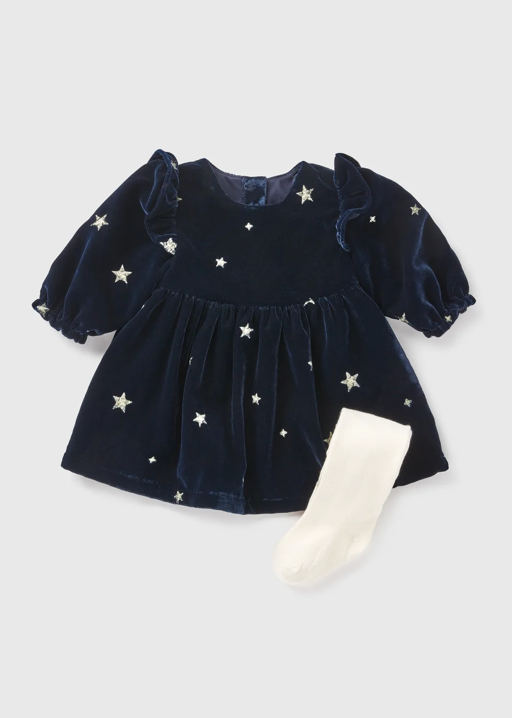 Baby Navy Velvet Star Dress & Tights (Newborn-23mths) - Newborn Image 1