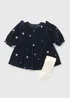 Baby Navy Velvet Star Dress & Tights (Newborn-23mths) - Newborn Image 1
