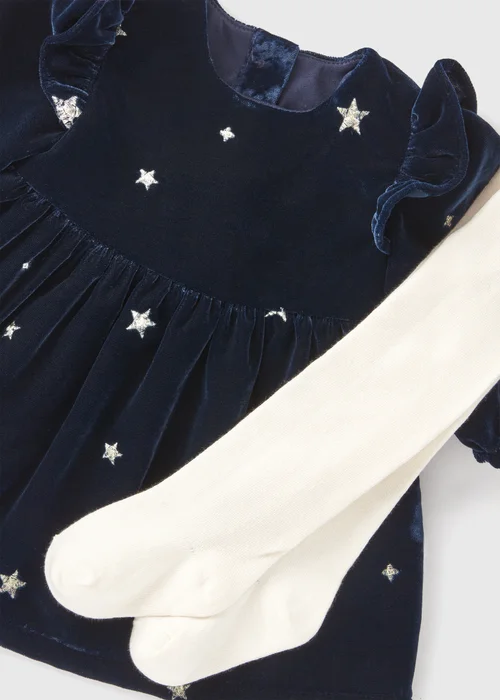 Baby Navy Velvet Star Dress & Tights (Newborn-23mths) - Newborn Image 2