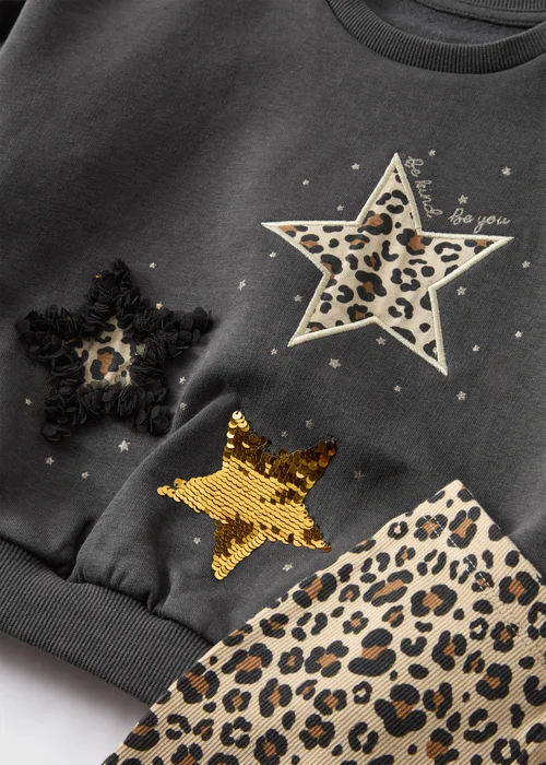 Girls Grey Leopard Sweatshirt & Flares Set (1-7yrs) - 1 half year to 2 Image 2