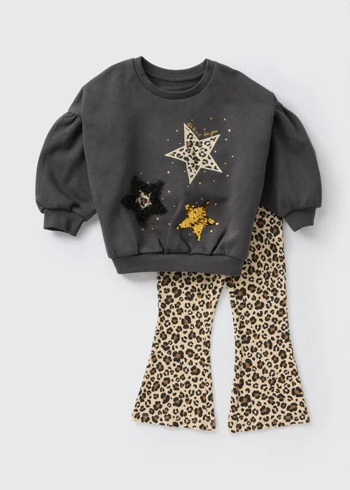 Girls Grey Leopard Sweatshirt & Flares Set (1-7yrs) - 1 half year to 2 Image 1