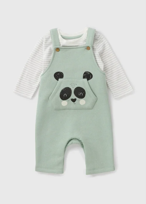 Baby Green Panda Dungaree & Top Set (Newborn-23mths) - Age 0 - 3 Months Image 1