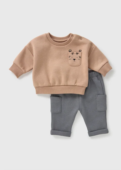 Baby Brown Tiger Sweatshirt & Jogging Bottoms Set (Newborn-23mths) - Age 0 - 3 Months Image 1