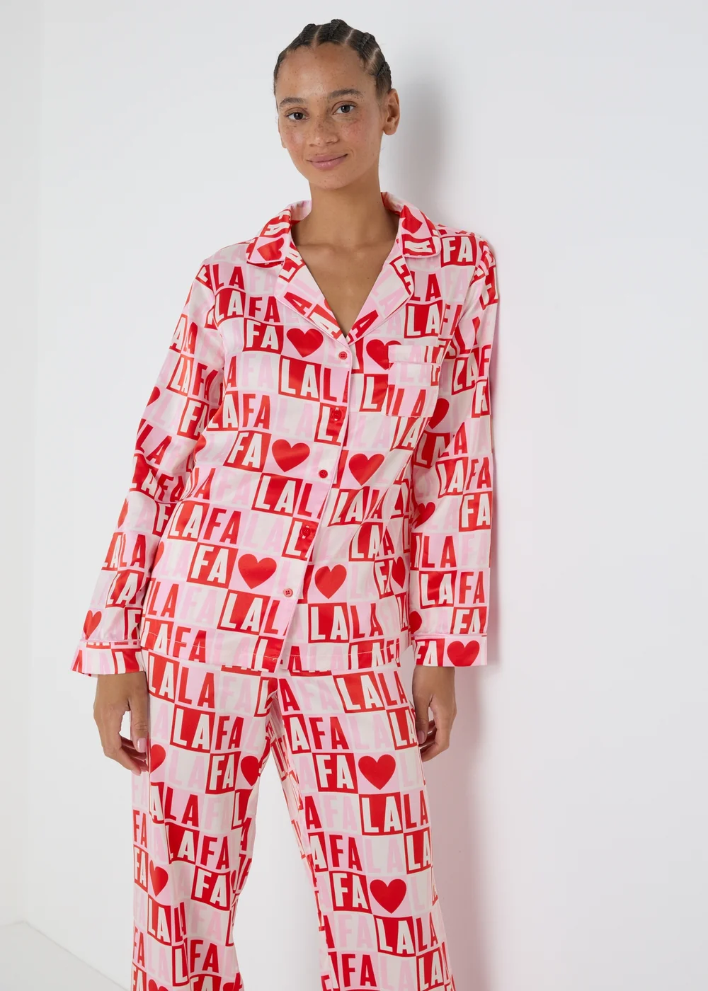 Joyful Pink Fa La La La Satin Pyjama Set - Size 8 Image 1