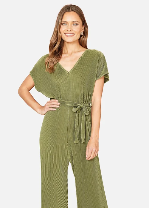 Mela Green Pleated Jumpsuit With V Neck - S Image 2