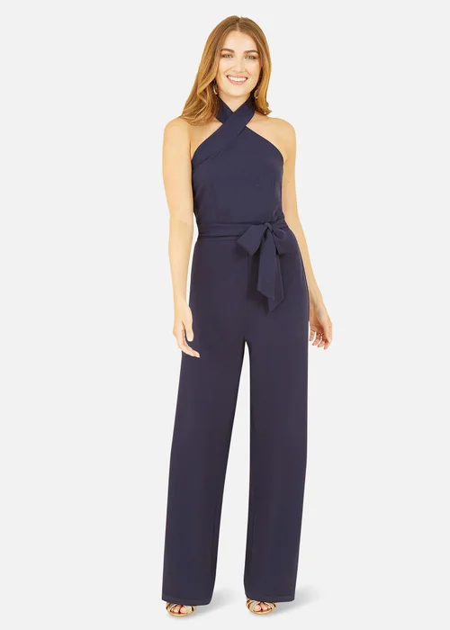 Mela Navy Cross Over Halter Neck Jumpsuit - Size 8 Image 1