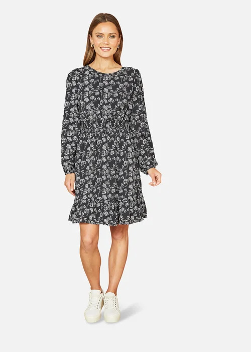 Mela Black Floral Print Ruched Waist Long Sleeve Skater Dress - 8 Image 1