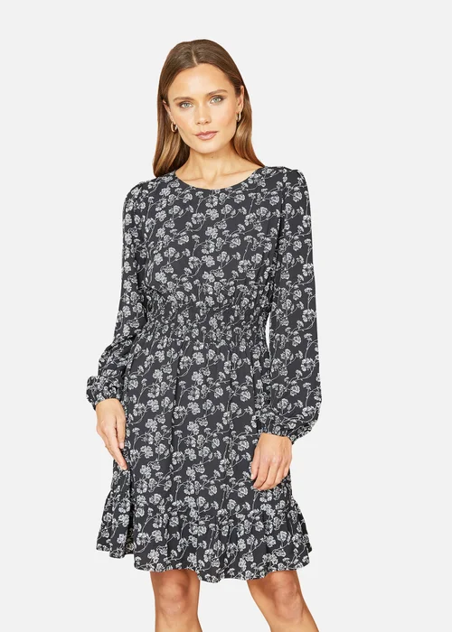 Mela Black Floral Print Ruched Waist Long Sleeve Skater Dress - 8 Image 2