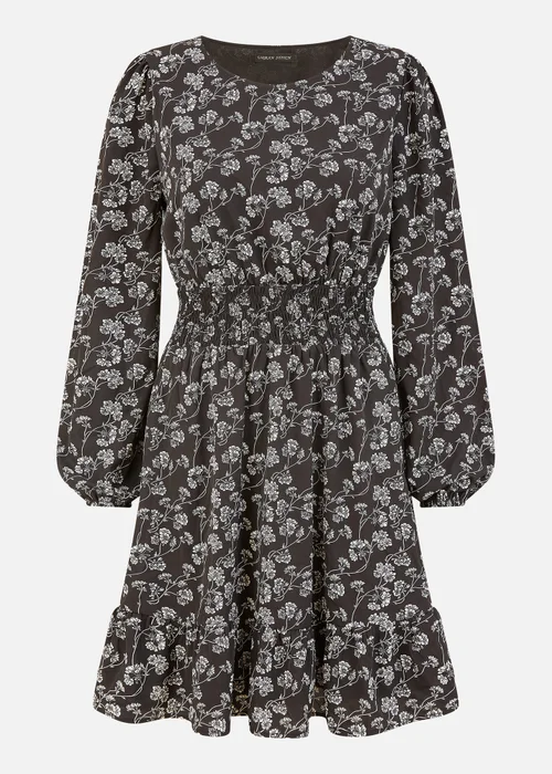 Mela Black Floral Print Ruched Waist Long Sleeve Skater Dress - 8 Image 3