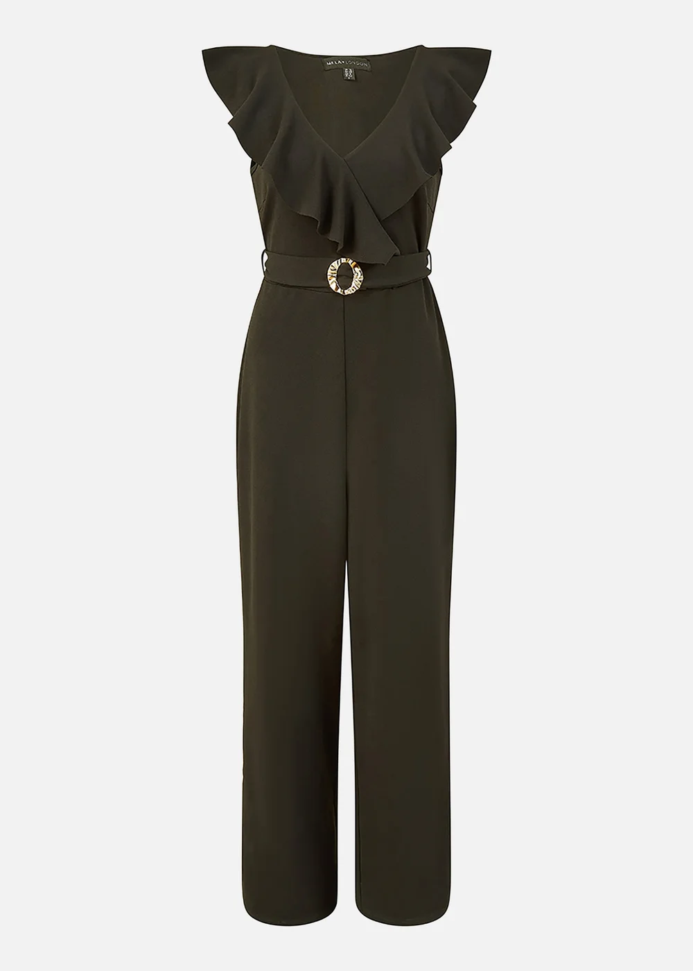 Mela Black Jumpsuit With Gold Buckle and Frill Detail - Size 8 Image 3