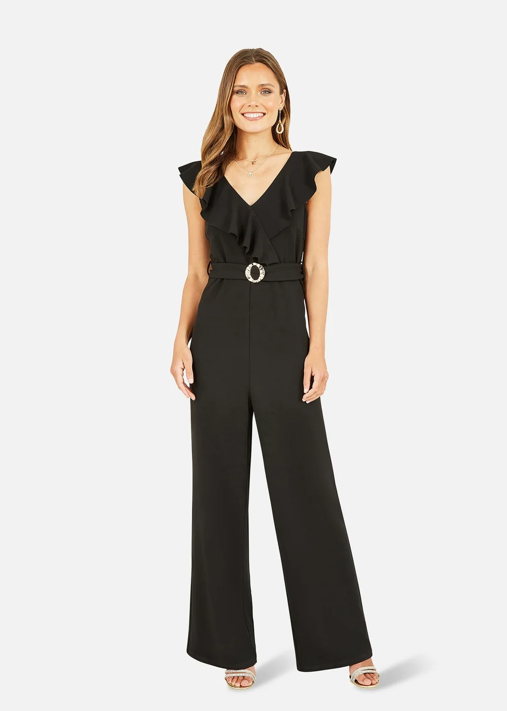 Mela Black Jumpsuit With Gold Buckle and Frill Detail - Size 8 Image 1