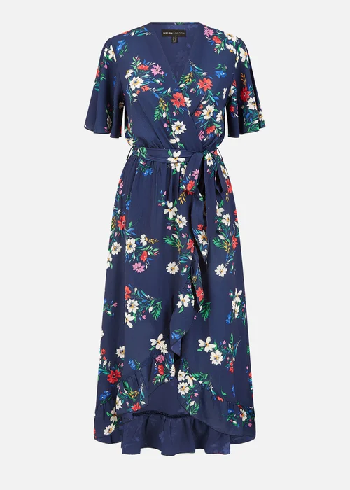 Mela Navy Floral Wrap Dress With Frill Hem - 8 Image 3