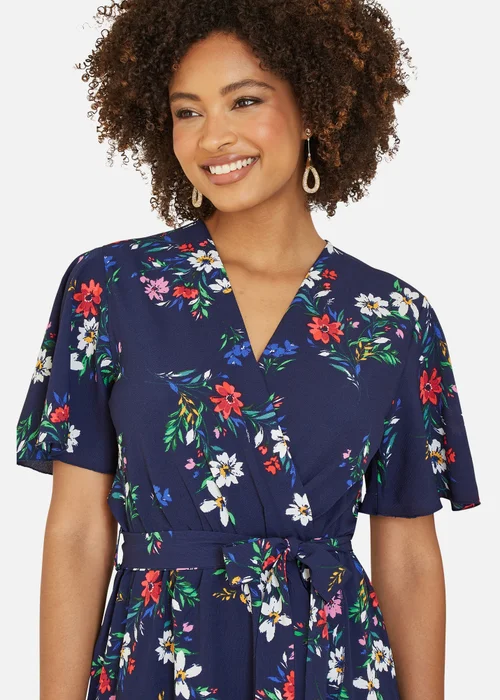 Mela Navy Floral Wrap Dress With Frill Hem - 8 Image 2