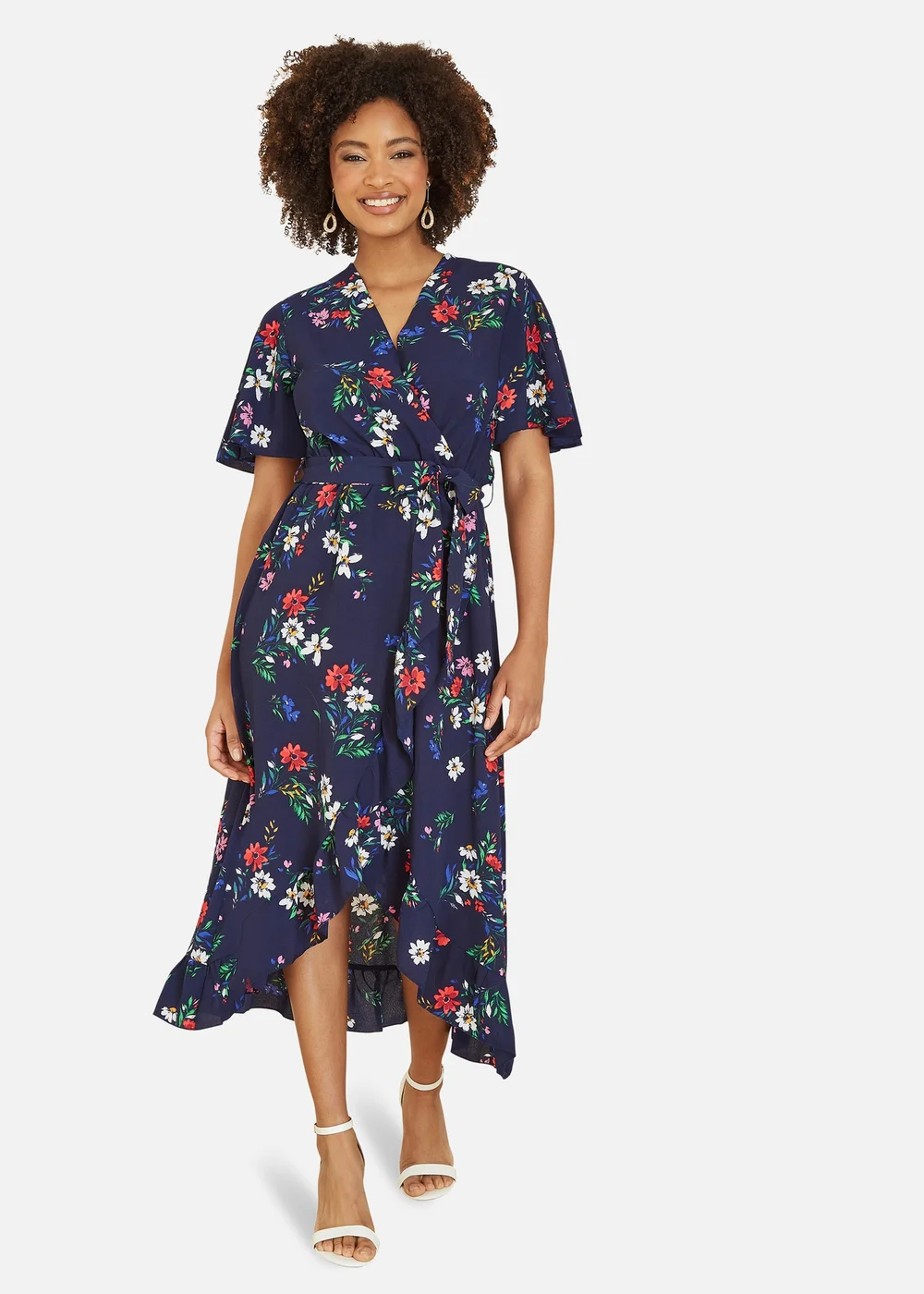 Mela Navy Floral Wrap Dress With Frill Hem - 8 Image 1