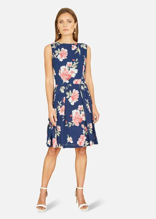 Mela Navy Floral Skater Dress With Scoop Back - 8 Image 1