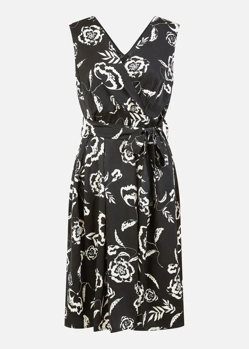 Mela Black Satin Floral Wrap Skater Midi Dress - 8 Image 3