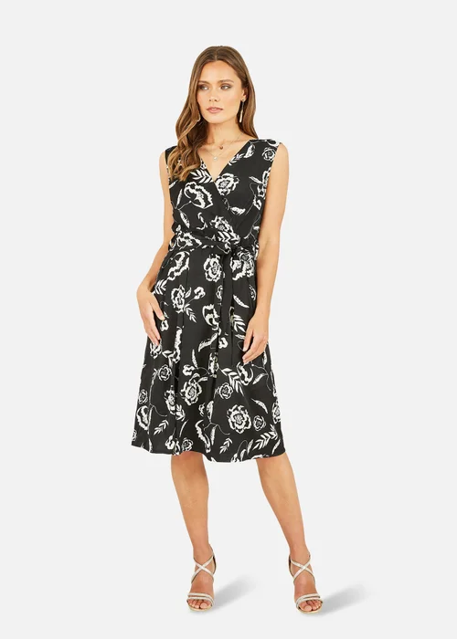 Mela Black Satin Floral Wrap Skater Midi Dress - 8 Image 1