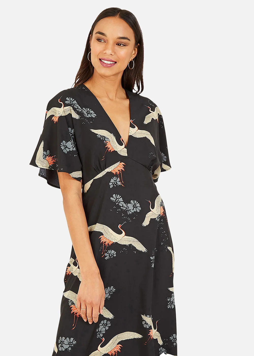Yumi Black Crane Print Midi Dress - 8 Image 2
