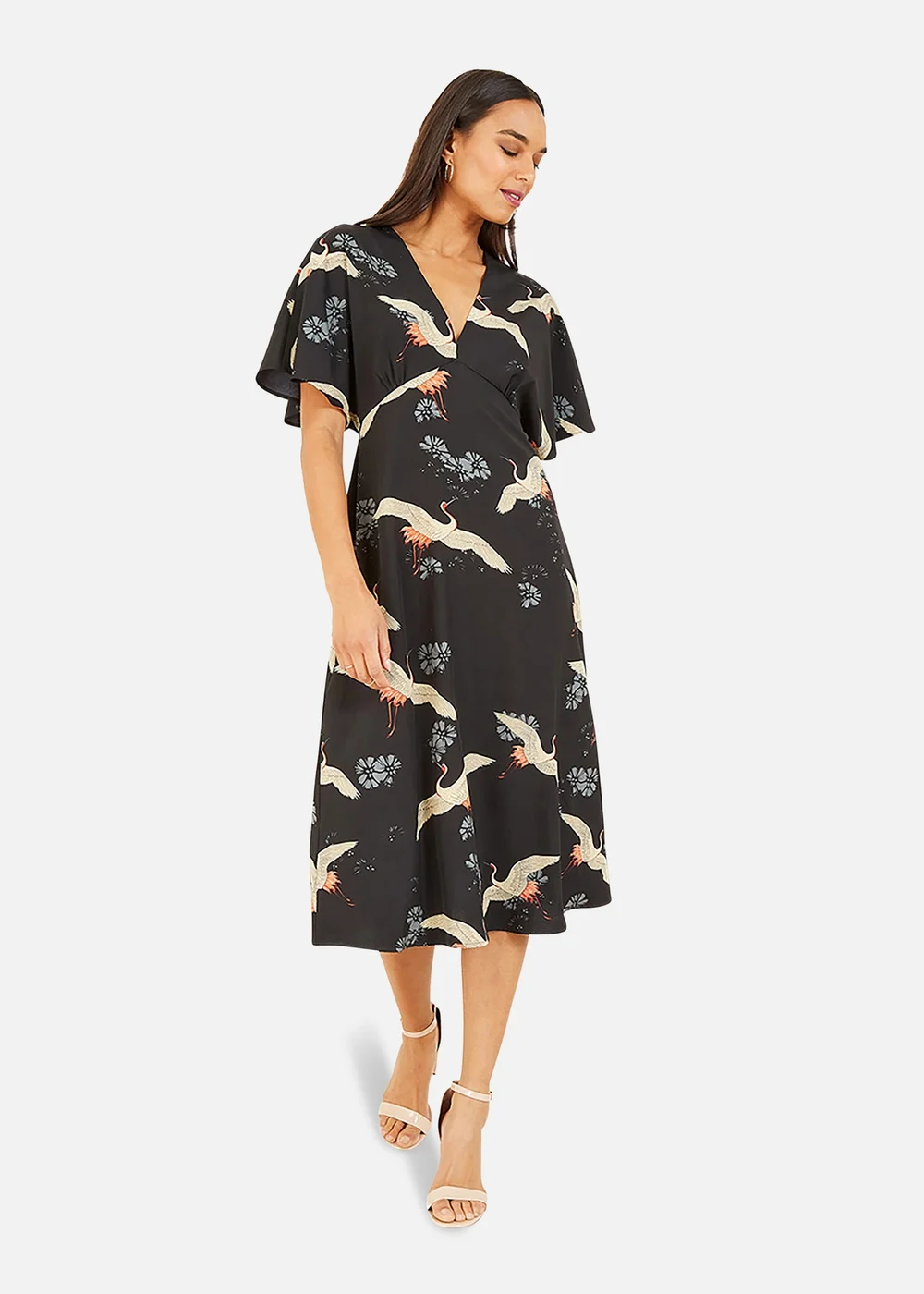 Yumi Black Crane Print Midi Dress - 8 Image 1