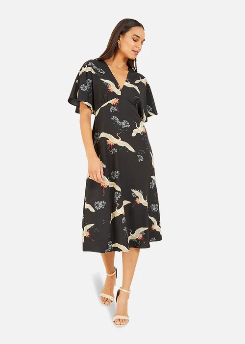 Yumi Black Crane Print Midi Dress - 8 Image 1