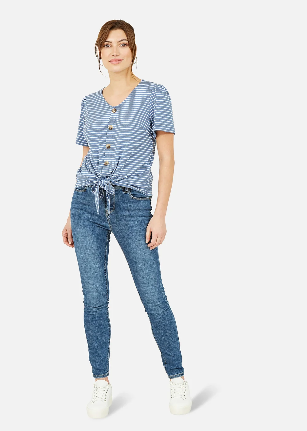Yumi Blue Striped Jersey Button Detail Top - Size 14 Image 1