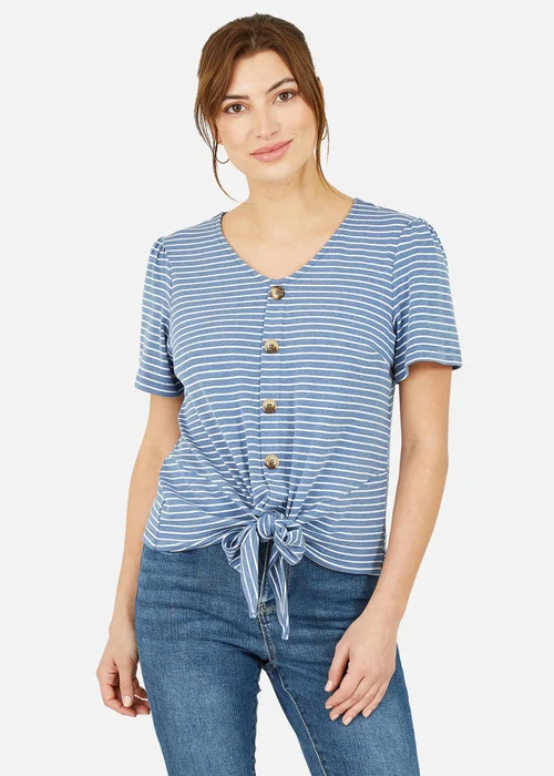 Yumi Blue Striped Jersey Button Detail Top - Size 14 Image 2