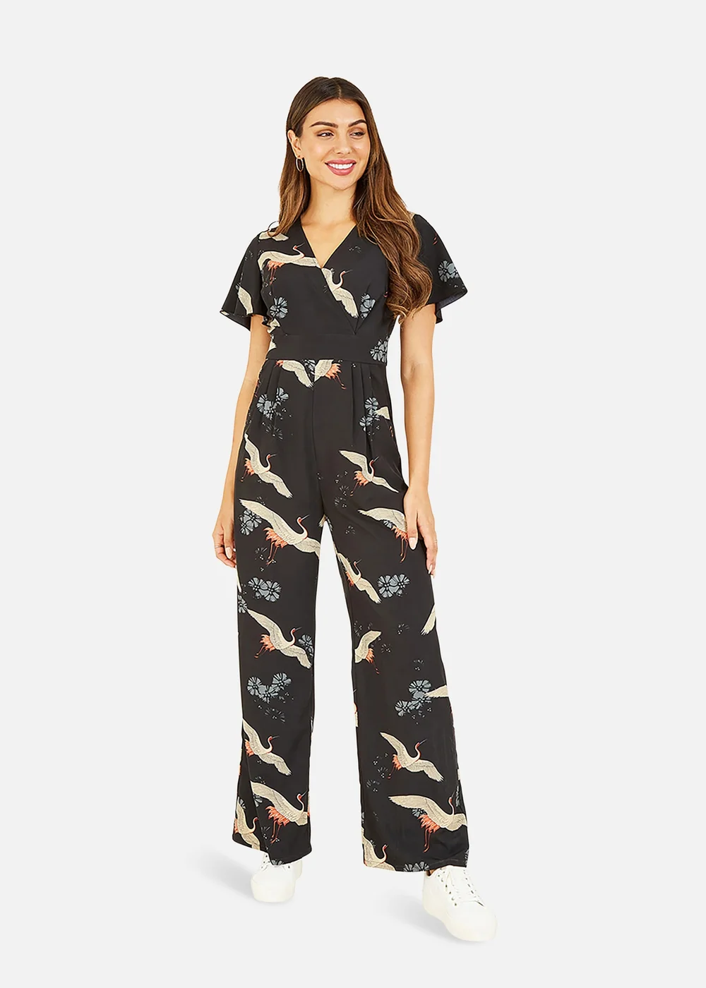 Yumi Black Crane Print Angel Sleeve Jumpsuit - 8 Image 1